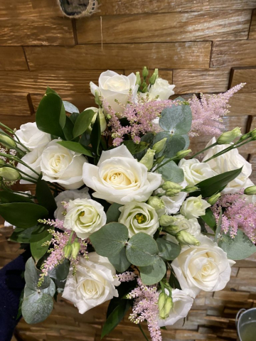 Astilbe roses & lissianthus with eucalyptus bridal bouquet